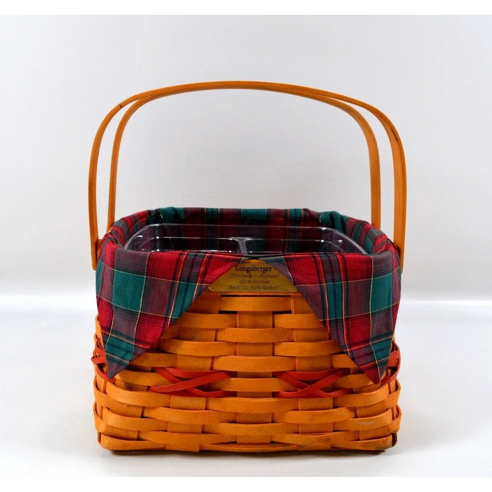 2000 Longaberger Christmas Deck The Halls Basket Plaid Liner 2 Plastic Inserts